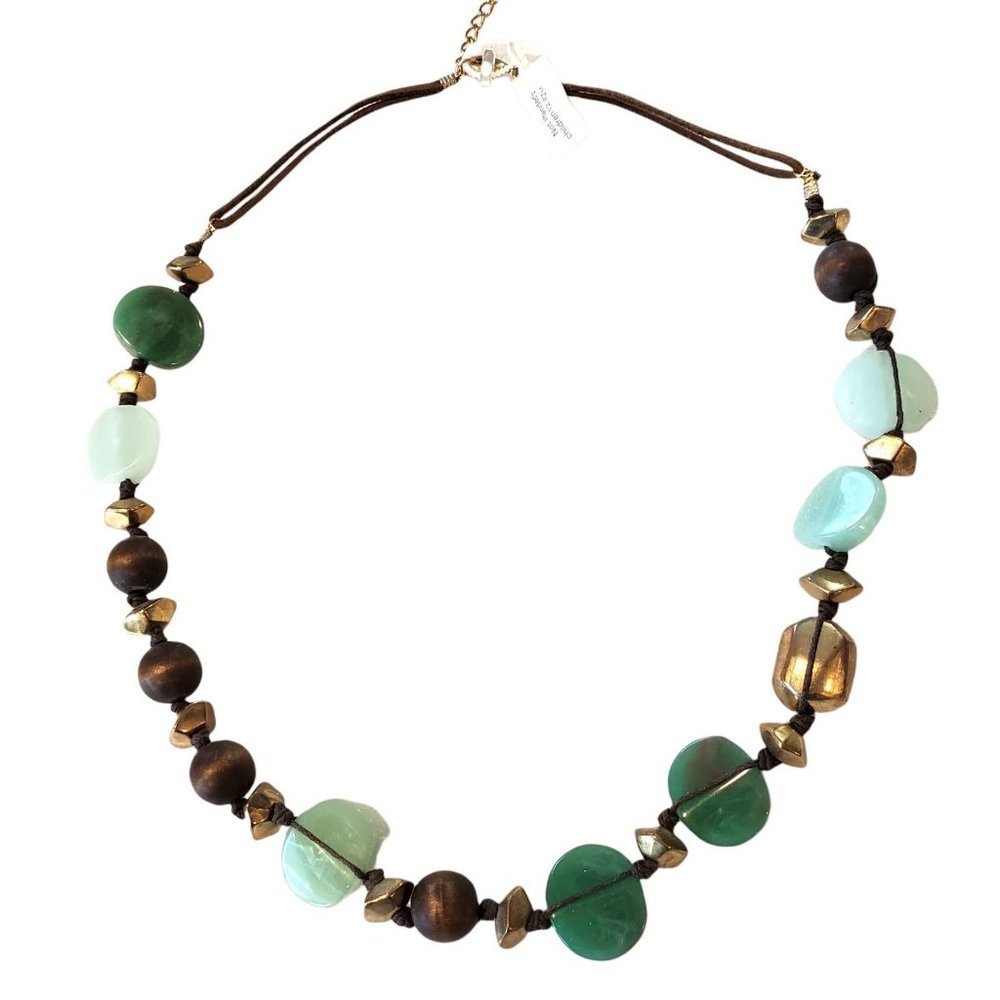 Faux Jade Jadeite Wood Gold Beaded Necklace 24-26"‎